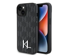 Apple iPhone 15 Karl Lagerfeld dėklas odinis Monogram Hot Stamp Metal Logo (KLHCP15SPKLPKLK) juodos spalvos