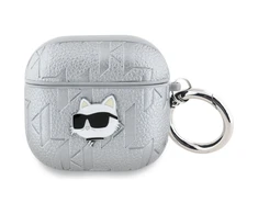 Dėklas Karl Lagerfeld Monogram Choupette Head AirPods 4 sidabro spalvos