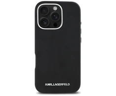 Dėklas Karl Lagerfeld Saffiano Full Wrapped Elongated Metal Logo MagSafe Apple iPhone 16 Pro juodos spalvos