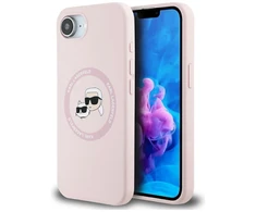 Karl Lagerfeld dėklas skirtas Apple iPhone 16e (SE 4 2025) suderinamas su MagSafe KLHMPSE4SKCHTCP (Silicone Double Heads) rožinės spalvos