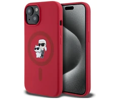 Karl Lagerfeld silikoninis Karl&amp;Choupette Heads Ring MagSafe iPhone 15 dėklas - Raudona