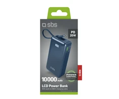 Išorinė baterija SBS 10000 mAh 20W su integruotu USB-C laidu ir skaitmeniniu ekranu - tamsiai pilka