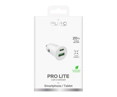 Puro Pro Lite automobilinis įkroviklis 1x USB-A + 1x USB-C Power Delivery 20W – baltos spalvos