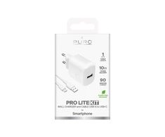 Puro PROLITE 10W USB-A sieninis įkroviklis + USB-A - USB-C kabelis 1.2m - baltos spalvos