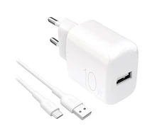 Puro PROLITE 10W USB-A sieninis įkroviklis + USB-A - USB-C kabelis 1.2m - baltos spalvos