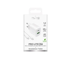 Puro PROLITE 25W USB-A / USB-C wall charger + USB-C – USB-C cable 1.2m – baltos spalvos