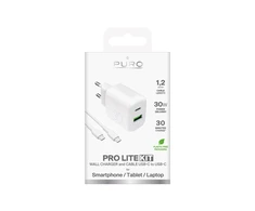 Puro PROLITE 30W USB-A / USB-C wall charger + USB-C – USB-C cable 1.2m – baltos spalvos