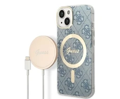 Apple iPhone 14 Plus Guess dėklas 4G Print MagSafe + Belaidis Įkroviklis (GUBPP14SH4EACSW) mėlynos spalvos