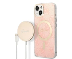 Apple iPhone 14 Plus Guess dėklas 4G Print MagSafe + Belaidis Įkroviklis (GUBPP13LH4EACSW) rožinės spalvos