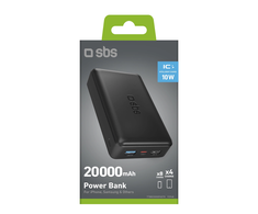 SBS Nešiojamoji baterija „Puro Fast“ 20000 mAh, 2x USB-A + 1x USB-C – juoda