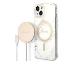 Rinkinys Guess GUBPP14SHMEACSH Case+ Charger iPhone 14 6,1" baltas kietas dėklas Marble MagSafe