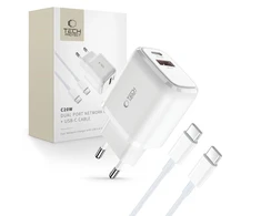 Laidinis įkroviklis 20W USB QC3.0 + USB-C PD + Kabelis USB-C – USB-C Tech-Protect C20W baltos spalvos