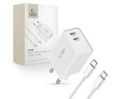 Tech Protect Sieninis įkroviklis 2x USB-C PD 35W + Cable USB-C – USB-C baltos spalvos