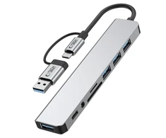 Tech-Protect HB06 HUB Adapteris 8in1 TYPE-C + USB2.0 + USB3.0 + SD/TF + AV3.5 - pilka