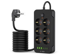 Tech-Protect PC6X6 maitinimo juosta 6 lizdai 240V + 3xUSB-A + 3xUSB-C 200cm - juodas