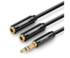 UGREEN AV123 AUX 3.5mm kištukas - 2x 3.5mm lizdai kabelis 0.25m juodas