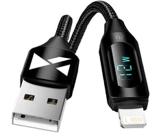 USB-A kabelis – Lightning Wozinsky WUALC1 su LED ekranu 2.4A 1m – juodos spalvos