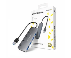 USB-A šakotuvas Wozinsky WHS080YSS 4 x USB-A 3.0 su atskirais jungikliais, aliuminis, su 30 cm laidu · pilka