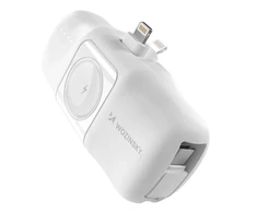 Wozinsky WF16-YLS 5000mAh 15W „Lightning“ mini išorinė baterija su įmontuotu USB-C kabeliu ir „Apple Watch“ įkrovikliu – baltos spalvos