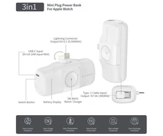 Wozinsky WF16-YLS 5000mAh 15W „Lightning“ mini išorinė baterija su įmontuotu USB-C kabeliu ir „Apple Watch“ įkrovikliu – baltos spalvos