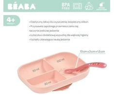 Beaba silikoninė dugnu prilimpanti 3 skyrių lėkštė su šaukšteliu, rožinis