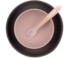 Nattou silikoniniai indai vaikams, 3in1 rinkinys su šaukšteliu | Violetinė-rožinė