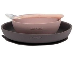 Nattou silikoniniai indai vaikams, 3in1 rinkinys su šaukšteliu | Violetinė-rožinė