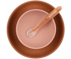 Nattou silikoniniai indai vaikams, 4in1 rinkinys su seilineliu | Rožinis