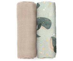 Petite&amp;Mars Misty - bambukiniai muslininiai vystyklai, 2 vnt. rinkinys | Banginio daina