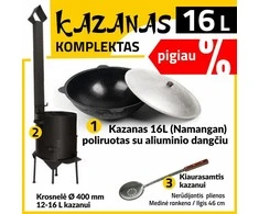 Komplektas: Krosnelė kazanui 3mm + Uzbekiškas kazanas 16L Namangan (išdegintas, poliruotas) | plokščias dugnas + Kiaurasamtis