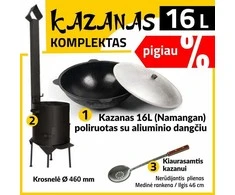 Komplektas: Krosnelė kazanui d460, 3mm + Uzbekiškas kazanas 16L Namangan (išdegintas, poliruotas) | plokščias dugnas + Kiaurasamtis