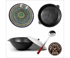 Uzbekiškas poliruotas kazanas 10L (Namangan | plokščias dugnas) +Ketaus dangtis-keptuvė +Leganas 38 cm + 46cm kiaurasamtis