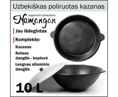 Uzbekiškas poliruotas kazanas 10L (Namangan) su ketaus dangčiu-keptuve | apvalus dugnas