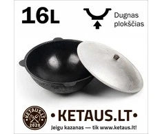 Rištan Uzbekiškas poliruotas kazanas 16l (Namangan) plokščias dugnas (išorėje) +Ketaus dangtis-keptuvė +Leganas 38 cm + 46cm kiaurasamtis