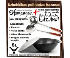 Uzbekiškas poliruotas kazanas 8l (Namangan) plokščias dugnas (išorėje) +46cm samtis ir kiaurasamtis