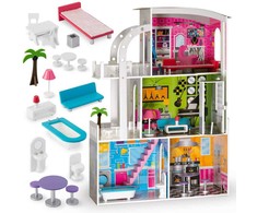 Ricokids Didelis trijų aukštų medinis lėlių namelis + baldai + terasa + liftas