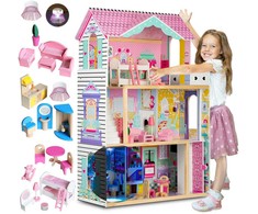 Ricokids Didelis medinis lėlių namelis, trijų aukštų, su liftu ir LED lempute