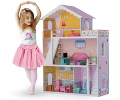 Ricokids Didelis trijų aukštų medinis lėlių namelis + baldai + terasa
