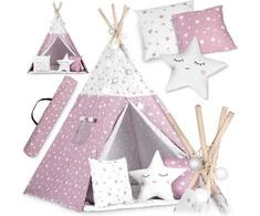 Palapinė vaikams Nukido Teepee, su šviesomis, rožinė su žvaigždėmis
