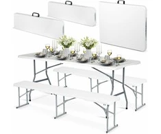 Maitinimo komplektas sodui, sulankstomas stalas + 2 suolai, 180 cm, baltas, „Plonos“