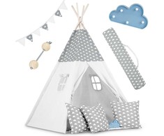 Ricokids Vaikiška tipi palapinė su girlianda ir lemputėmis - šviesiai pilka su debesėliais
