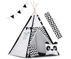Vaikiška tipi palapinė su girlianda ir lemputėmis - balta ir juoda su panda