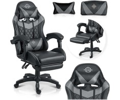 Žaidimų kėdė, ergonomiška biuro kėdė, patogi kompiuterio kėdė, juoda ir pilka žaidimų sėdynė, supama kėdė su kojų atrama