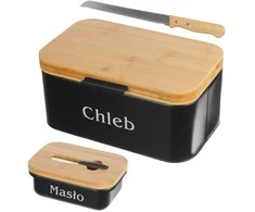 CHLEBAK METALOWY JUODA Z DESKĄ DO KROJENIA + MASELNICZKA + NÓŻ BRUNBESTE BB-2777