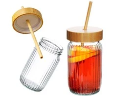Excellent Houseware Stiklinis gėrimo stiklainis su bambuko dangteliu ir šiaudeliu 500 ml