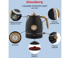 Virdulys, Elektrinis virdulys su termometru, nerūdijančio plieno, juodas su mediena, 1,7 l, 1850–2200 W, klausberg, kb-7907