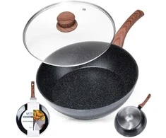 Aliumininė keptuvė su granitine danga ir stiklo dangčiu Vilde Juodas&amp;Wood 28 cm, 3,5 l