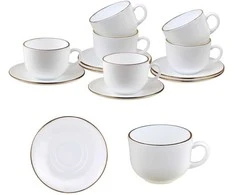 King Hoff 6 puodelių rinkinys, 12 dalių, apvalūs, opalo spalvos, balti su aukso dekoracijomis, KINGHOFF KH-1929