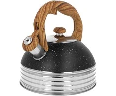 Plieninis virdulys su švilpuku indukcinei viryklei 2,5 l, juodas marmuras, medinė rankena BRUNBESTE BB-2476