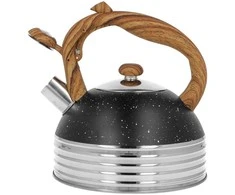 Plieninis virdulys su švilpuku indukcinei viryklei 2,5 l, juodas marmuras, medinė rankena BRUNBESTE BB-2476